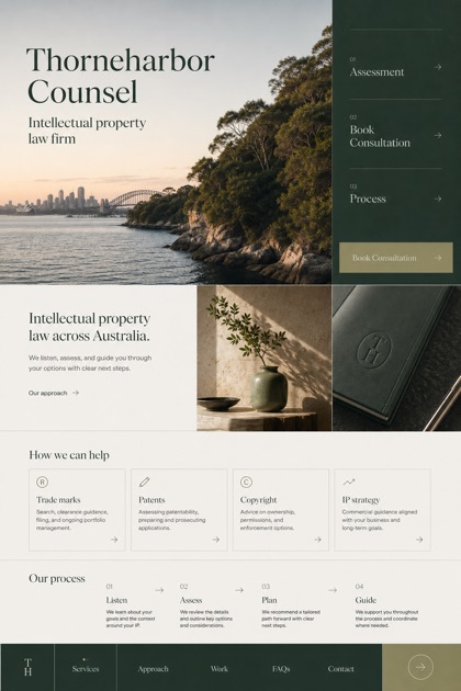 Legal website design for Australia, showing a clear opening, service information, supporting content, and a focused inquiry action.