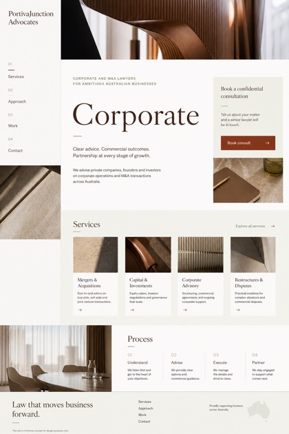Legal website design for Australia, showing a clear opening, service information, supporting content, and a focused inquiry action.
