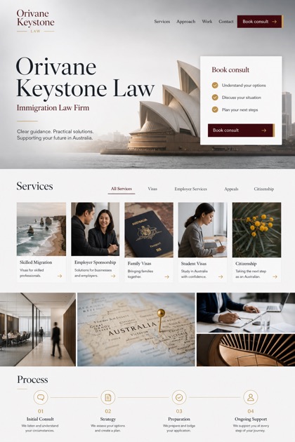 Legal website design for Australia, showing a clear opening, service information, supporting content, and a focused inquiry action.