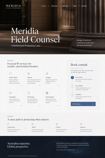 Legal website design for Australia, showing a clear opening, service information, supporting content, and a focused inquiry action.