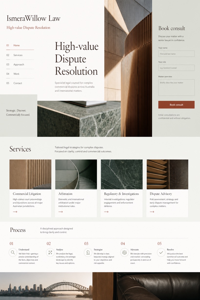 Legal website design for Australia, showing a clear opening, service information, supporting content, and a focused inquiry action.
