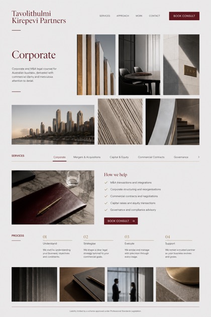 Legal website design for Australia, showing a clear opening, service information, supporting content, and a focused inquiry action.
