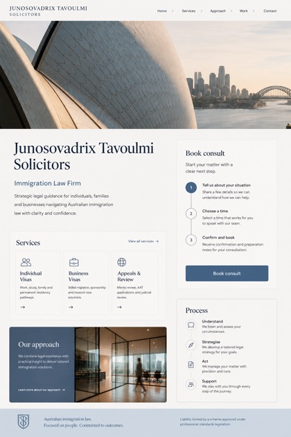 Legal website design for Australia, showing a clear opening, service information, supporting content, and a focused inquiry action.
