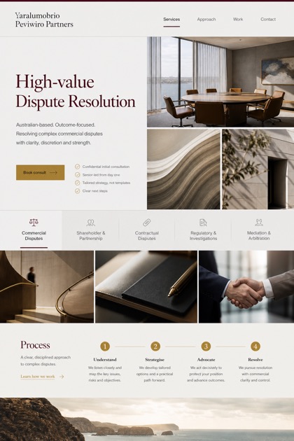 Legal website design for Australia, showing a clear opening, service information, supporting content, and a focused inquiry action.