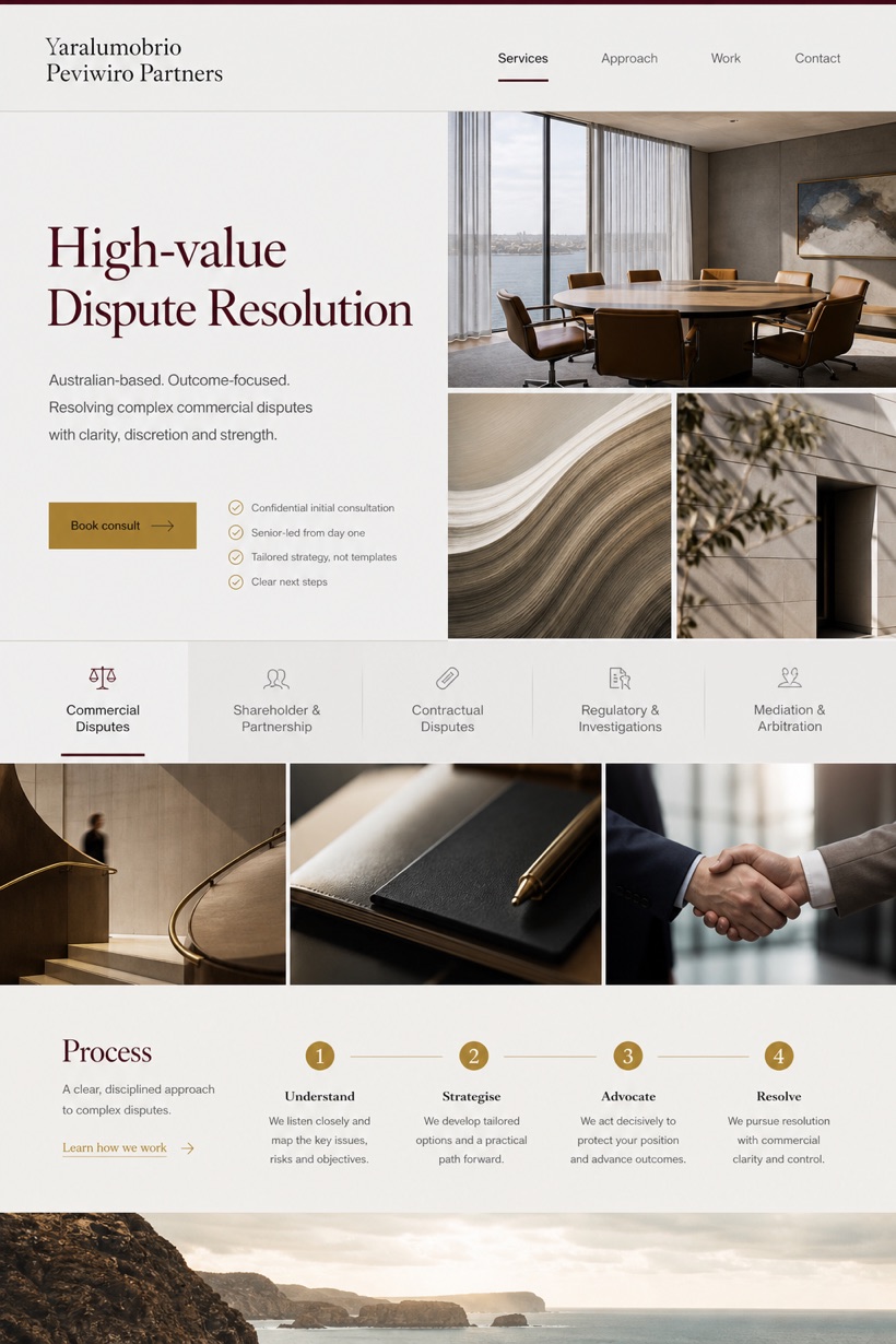 Legal website design for Australia, showing a clear opening, service information, supporting content, and a focused inquiry action.