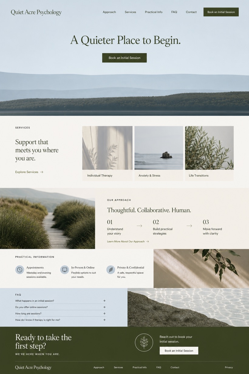 Fictional Quiet Acre Psychology Private mental health clinic website design showcase with a complete 2:3 page layout, service sections, practical information, and contact action