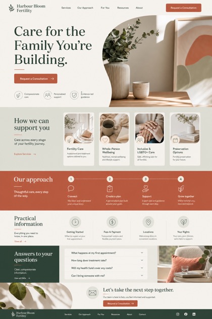 Fictional Harbour Bloom Fertility Fertility and women's health website design showcase with a complete 2:3 page layout, service sections, practical information, and contact action