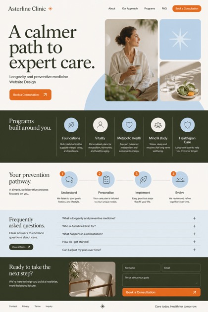 Fictional Asterline Clinic Longevity and preventive medicine website design showcase in a 2:3 layout with service sections, FAQ, and inquiry action