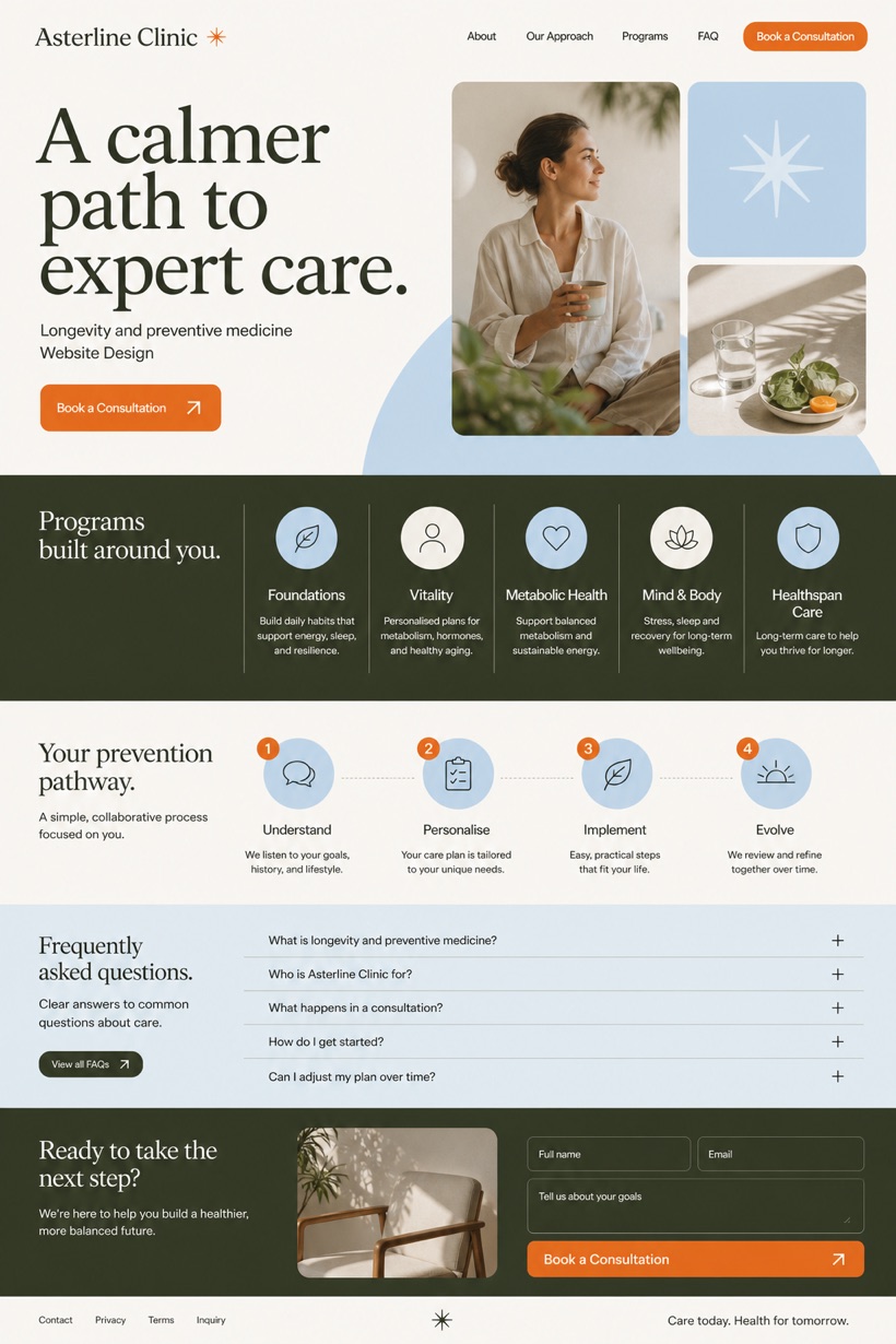 Fictional Asterline Clinic Longevity and preventive medicine website design showcase in a 2:3 layout with service sections, FAQ, and inquiry action