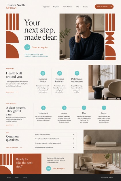 Fictional Tessera North Method Executive health and diagnostics website design showcase in a 2:3 layout with service sections, FAQ, and inquiry action