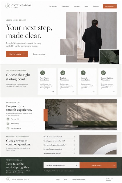 Fictional Onyx Meadow Clinic Implant and cosmetic dentistry website design showcase in a 2:3 layout with service sections, FAQ, and inquiry action