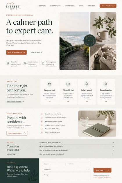 Fictional Everset Clinic Orthopedics and sports medicine website design showcase in a 2:3 layout with service sections, FAQ, and inquiry action