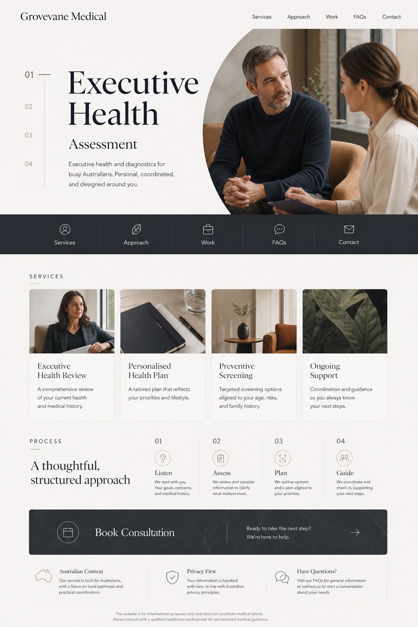Healthcare website design for Australia, showing a clear opening, service information, supporting content, and a focused inquiry action.