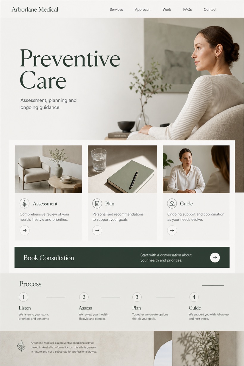 Healthcare website design for Australia, showing a clear opening, service information, supporting content, and a focused inquiry action.