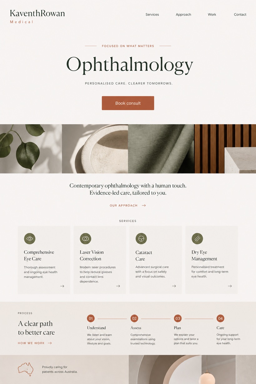 Healthcare website design for Australia, showing a clear opening, service information, supporting content, and a focused inquiry action.