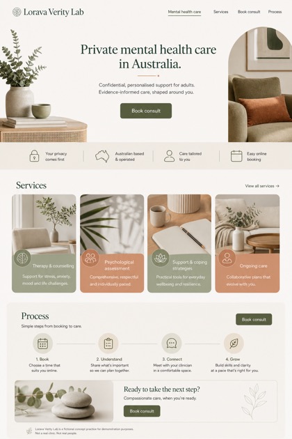 Healthcare website design for Australia, showing a clear opening, service information, supporting content, and a focused inquiry action.