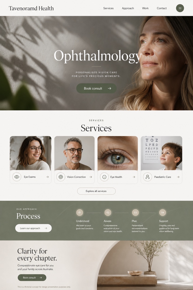 Healthcare website design for Australia, showing a clear opening, service information, supporting content, and a focused inquiry action.
