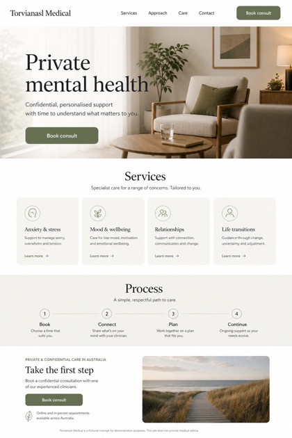Healthcare website design for Australia, showing a clear opening, service information, supporting content, and a focused inquiry action.