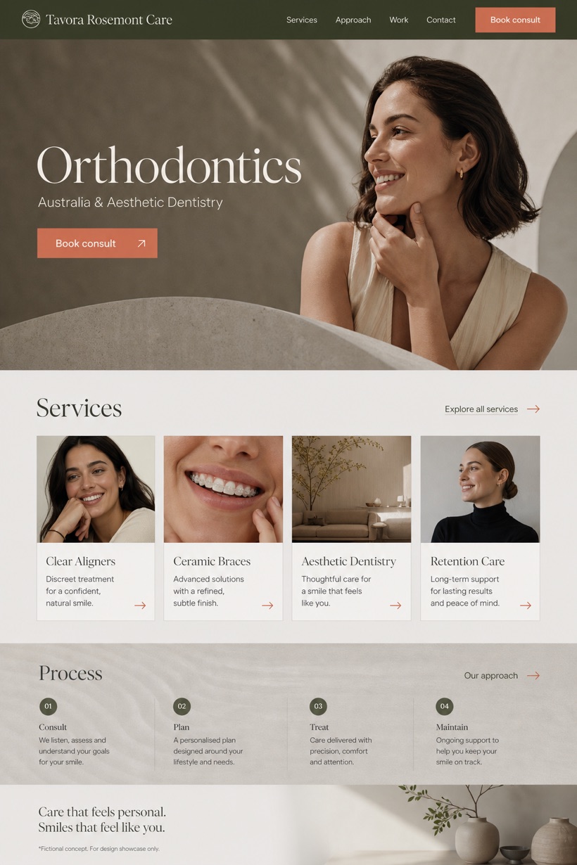Healthcare website design for Australia, showing a clear opening, service information, supporting content, and a focused inquiry action.