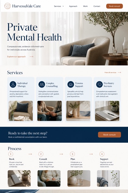 Healthcare website design for Australia, showing a clear opening, service information, supporting content, and a focused inquiry action.