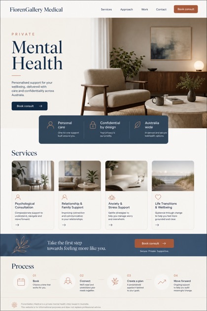 Healthcare website design for Australia, showing a clear opening, service information, supporting content, and a focused inquiry action.