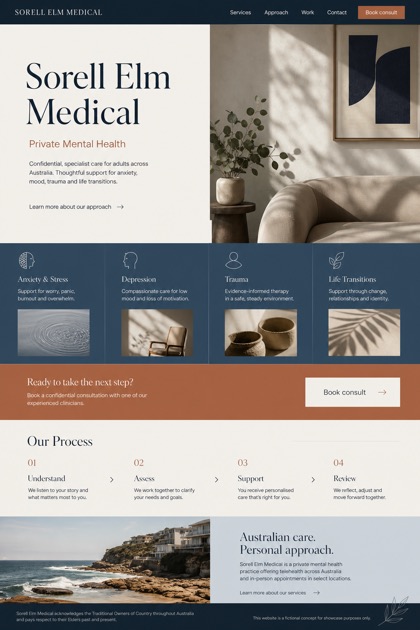 Healthcare website design for Australia, showing a clear opening, service information, supporting content, and a focused inquiry action.