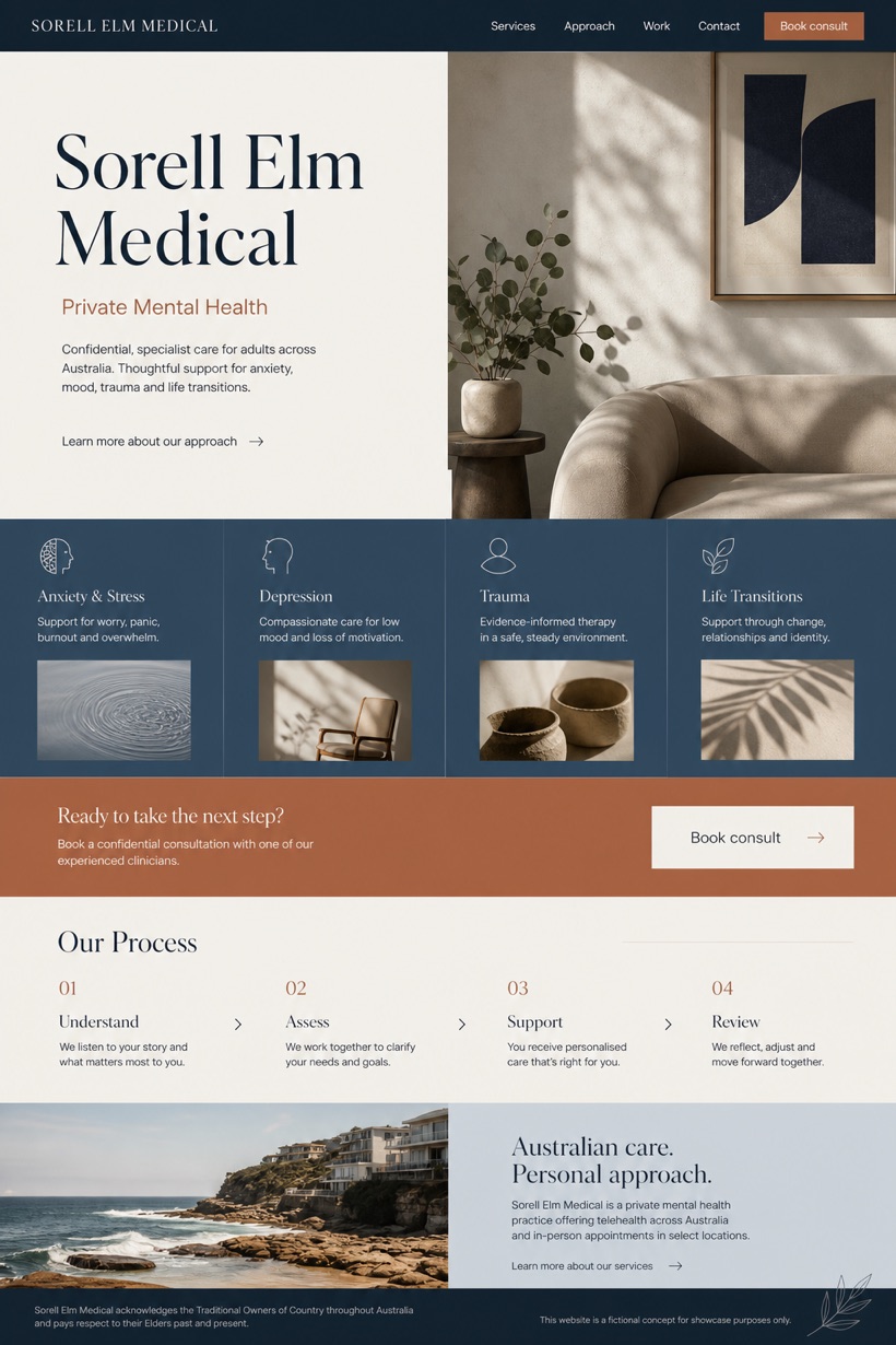 Healthcare website design for Australia, showing a clear opening, service information, supporting content, and a focused inquiry action.