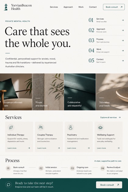 Healthcare website design for Australia, showing a clear opening, service information, supporting content, and a focused inquiry action.