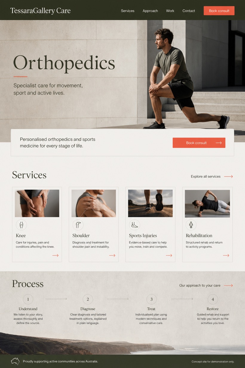 Healthcare website design for Australia, showing a clear opening, service information, supporting content, and a focused inquiry action.