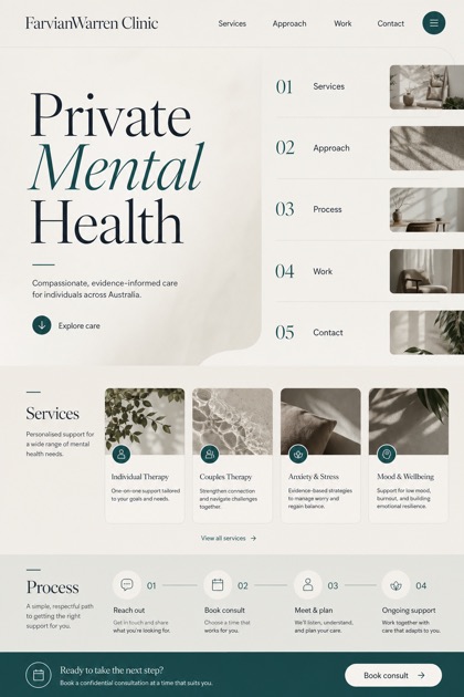 Healthcare website design for Australia, showing a clear opening, service information, supporting content, and a focused inquiry action.
