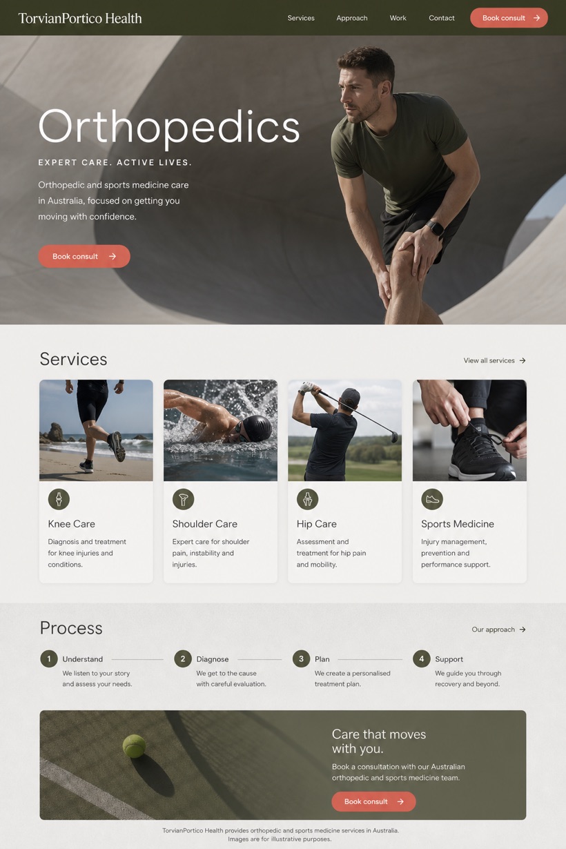 Healthcare website design for Australia, showing a clear opening, service information, supporting content, and a focused inquiry action.