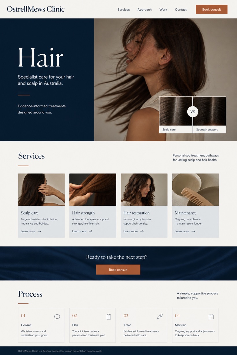 Healthcare website design for Australia, showing a clear opening, service information, supporting content, and a focused inquiry action.