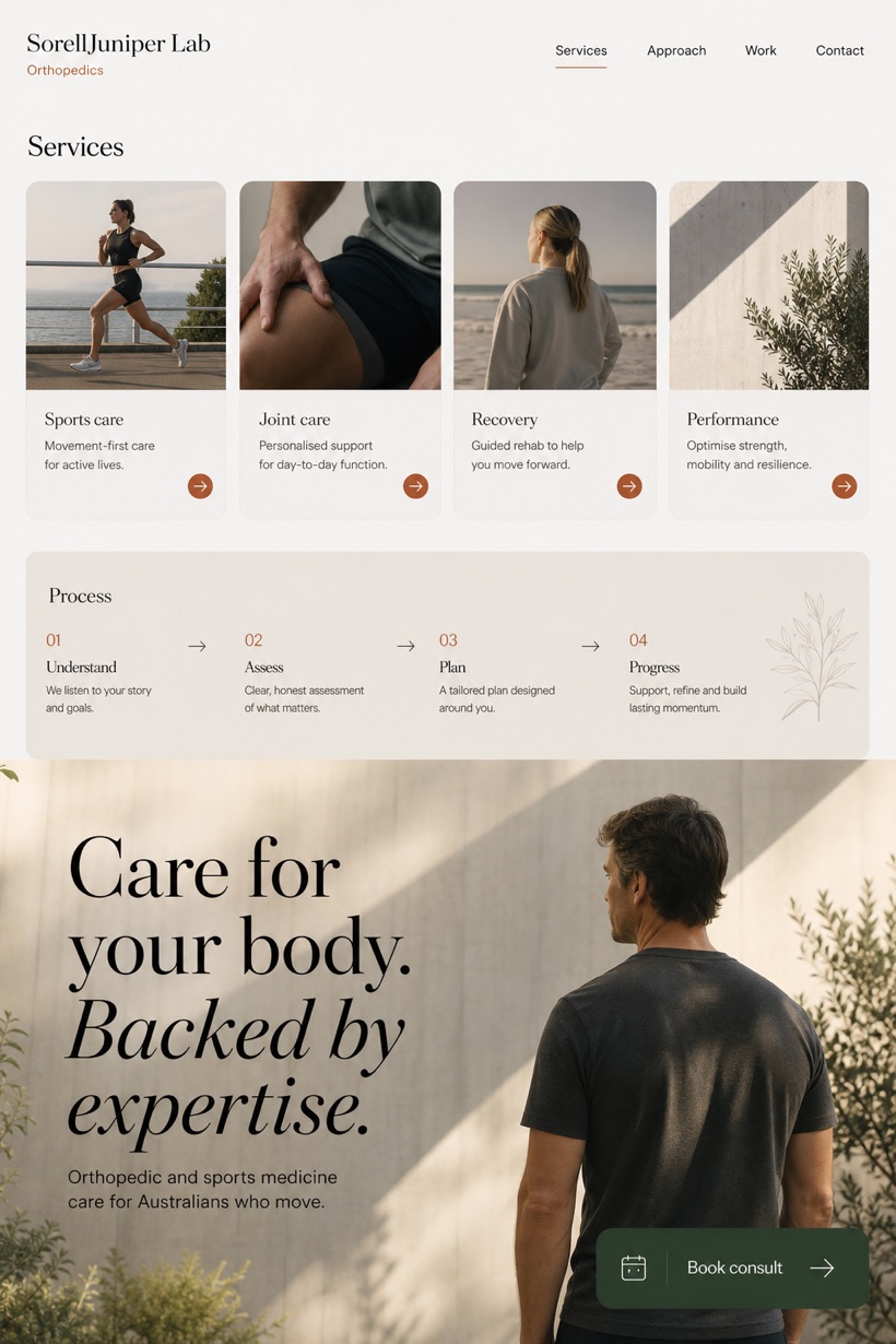 Healthcare website design for Australia, showing a clear opening, service information, supporting content, and a focused inquiry action.