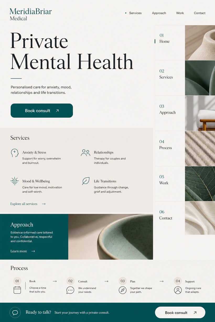 Healthcare website design for Australia, showing a clear opening, service information, supporting content, and a focused inquiry action.