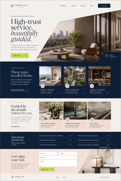 Fictional Arborline Living Branded residences website design showcase in a 2:3 layout with service sections, FAQ, and inquiry action