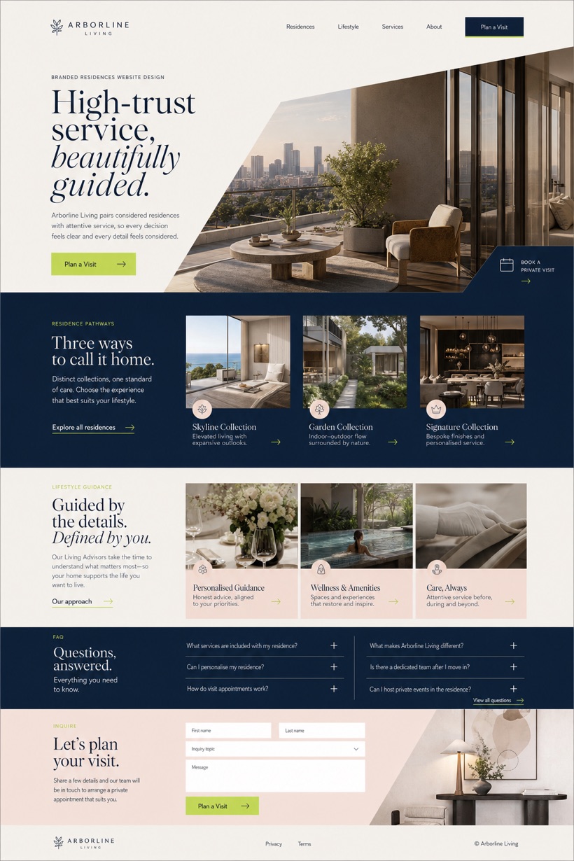 Fictional Arborline Living Branded residences website design showcase in a 2:3 layout with service sections, FAQ, and inquiry action