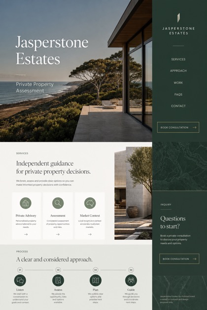 Property website design for Australia, showing a clear opening, service information, supporting content, and a focused inquiry action.