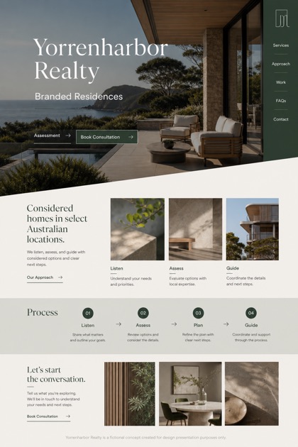 Property website design for Australia, showing a clear opening, service information, supporting content, and a focused inquiry action.