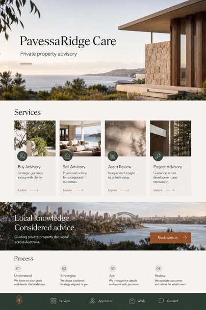 Property website design for Australia, showing a clear opening, service information, supporting content, and a focused inquiry action.