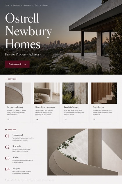 Property website design for Australia, showing a clear opening, service information, supporting content, and a focused inquiry action.