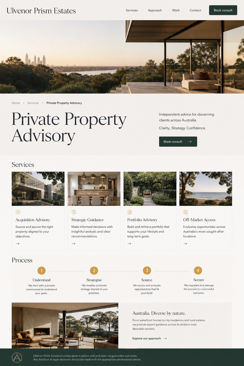 Property website design for Australia, showing a clear opening, service information, supporting content, and a focused inquiry action.