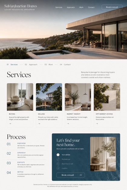 Property website design for Australia, showing a clear opening, service information, supporting content, and a focused inquiry action.