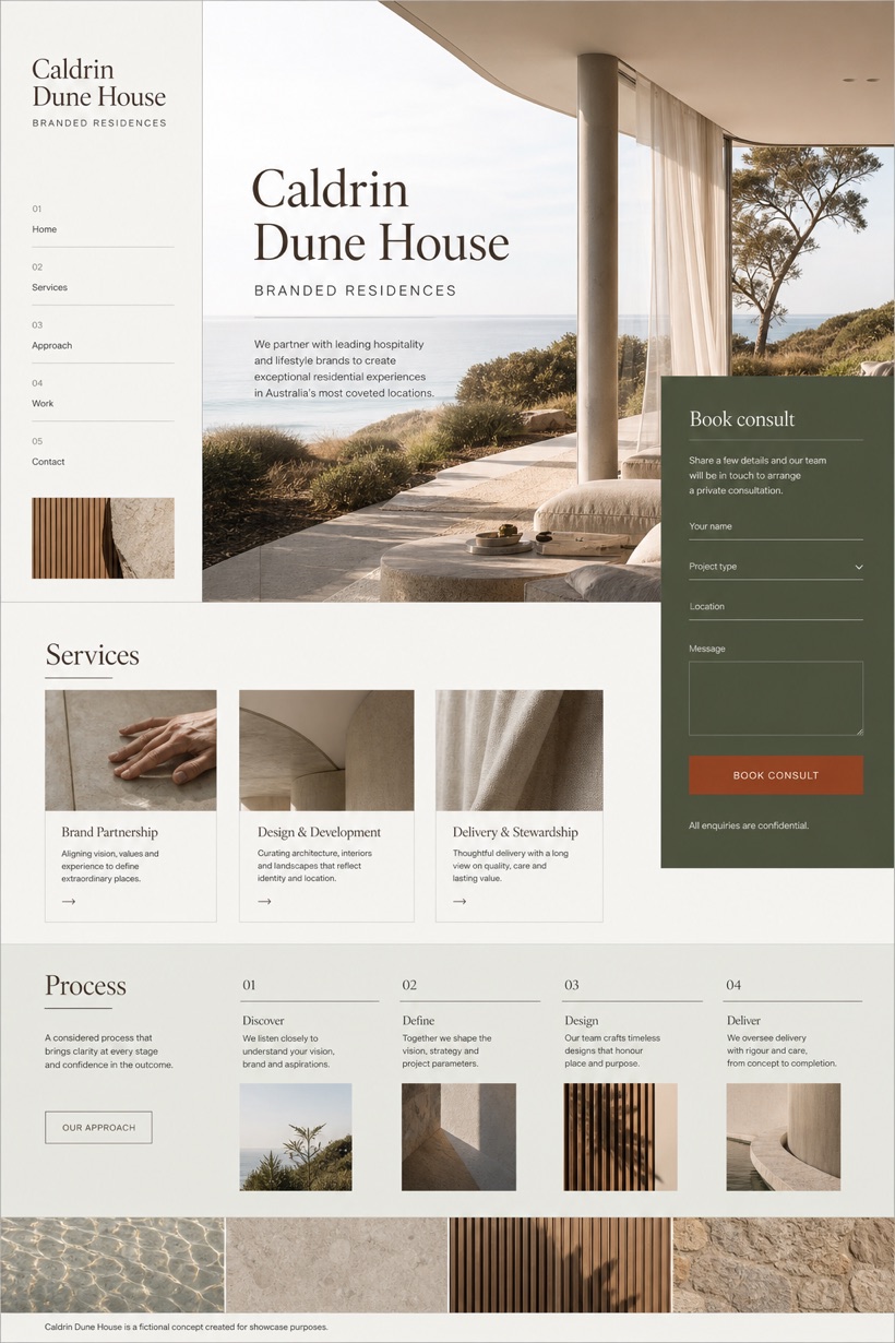 Property website design for Australia, showing a clear opening, service information, supporting content, and a focused inquiry action.
