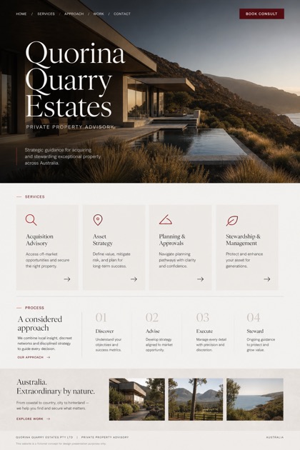 Property website design for Australia, showing a clear opening, service information, supporting content, and a focused inquiry action.