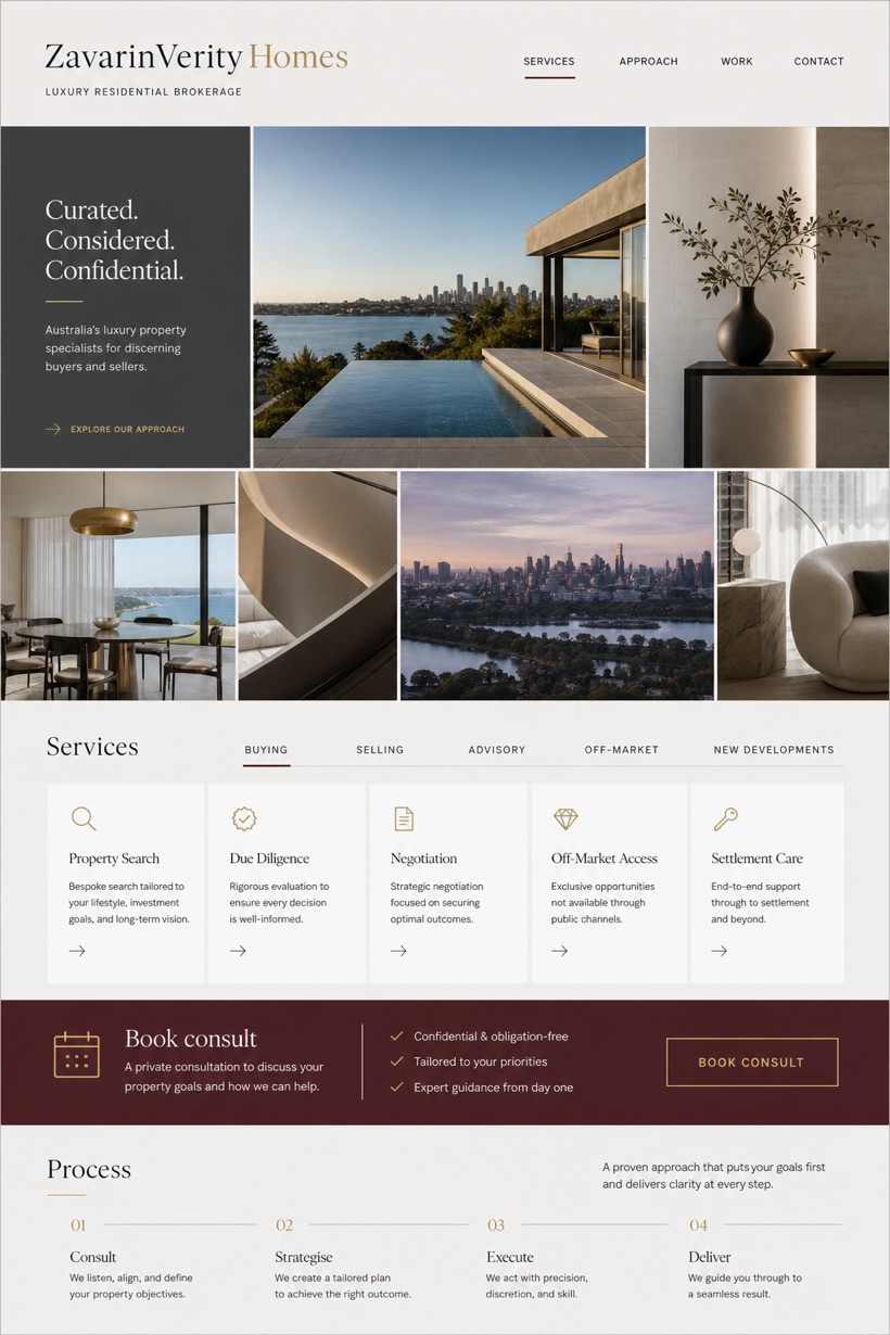 Property website design for Australia, showing a clear opening, service information, supporting content, and a focused inquiry action.