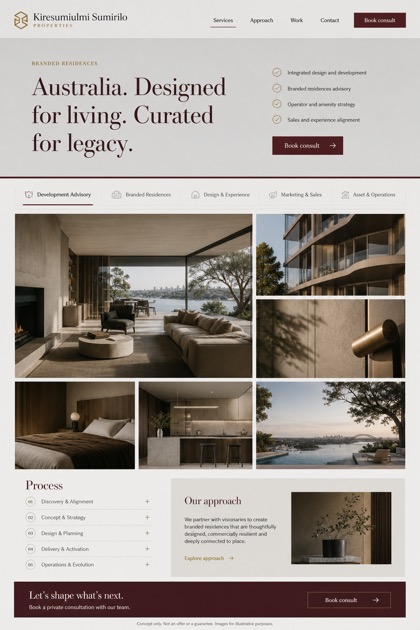 Property website design for Australia, showing a clear opening, service information, supporting content, and a focused inquiry action.