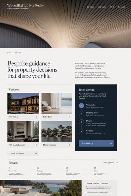 Property website design for Australia, showing a clear opening, service information, supporting content, and a focused inquiry action.