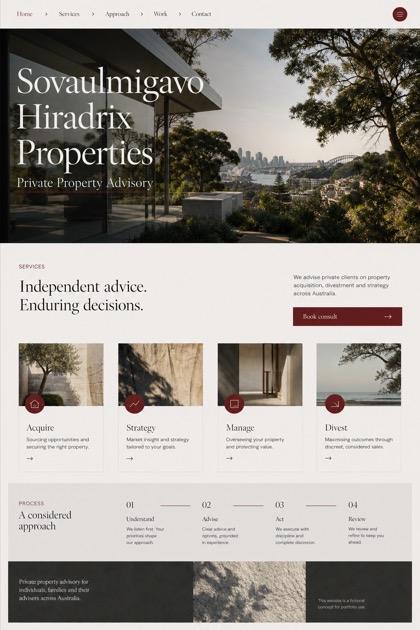 Property website design for Australia, showing a clear opening, service information, supporting content, and a focused inquiry action.