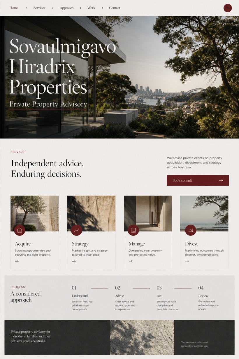 Property website design for Australia, showing a clear opening, service information, supporting content, and a focused inquiry action.