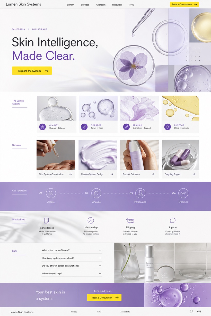 Fictional Lumen Skin Systems Beauty technology brand website design showcase with a complete 2:3 page layout, service sections, practical information, and contact action